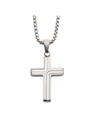 Men's Steel Cross Drop Pendant with 2mm Round Box Chain. 22 inch long.