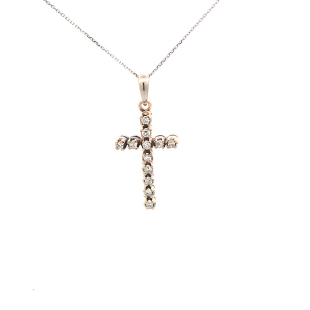 Vintage 14Kt White Gold Cross Necklace Prong Set With 12 Round Brillia