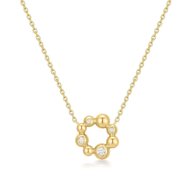 Sterling Silver Yellow Gold Plated CZ Asymmetric Beaded Circle Necklac