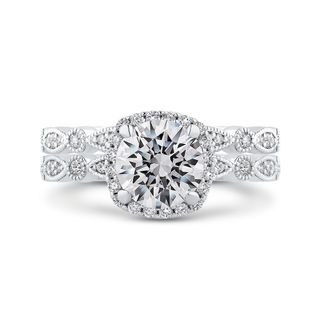 14Kt White Gold Carizza Engagement Ring set with Round Cz Center Surrounded by Halo of 25 Round Prong Set Diamonds and 16 Round Diamonds in Miligrain setting down the sides. .30Ct TWD VS1 GH.Goes with110-1360