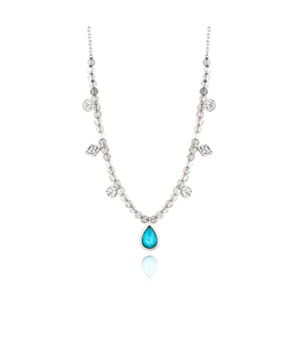 Sterling Silver with White Gold Plated  "Mineral Glow" Turquoise Labradorite 16' adjustable Necklace