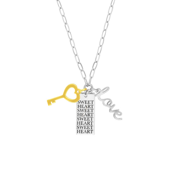 Sterling Silver Sweetheart, Key, and Love Charm With Paperclip Chain