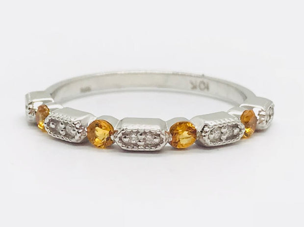 10Kt White Gold Stacker Band with 4 Round Prong Set Citrine .14ct TGW and 10 Round Prong Set Diamonds with Miligran .04ct TDW I1 HI