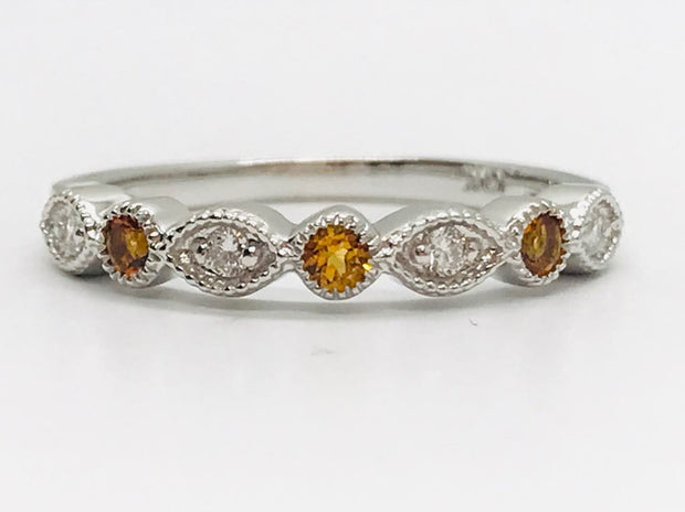 10Kt White Gold Miligrain Stacker band with 3 Bezel Set Citrine .13Ct TGW and 4 Round Prong Set Diamonds .08Ct TDW I1 HI