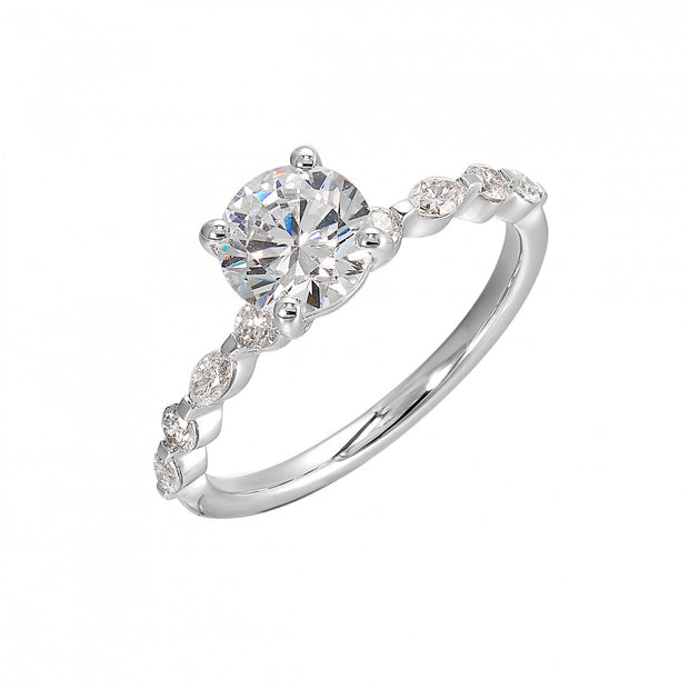 14kt White Gold Ring With Round CZ Center  4 Marquise and 4 Round Diam