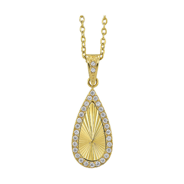 Stainless Steel Yellow Gold Plated Teardrop Pendent With CZ's