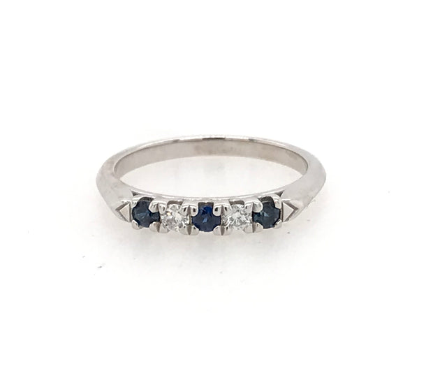 14kt White Gold Band With 3 Round Sapphires .25ct HI SI1 And 2 Round Diamonds .13tw