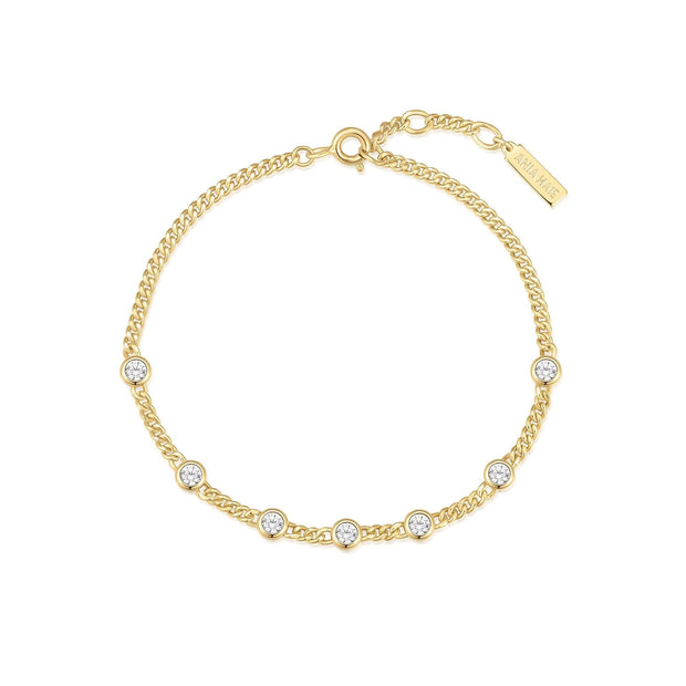 Sterling Silver Yellow Gold Plated  Station Round CZ Chain Bracelet