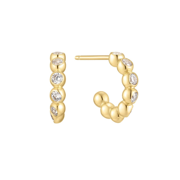 Sterling Silver Yellow Gold Plated CZ Bezel Beaded Huggie Hoop Earring