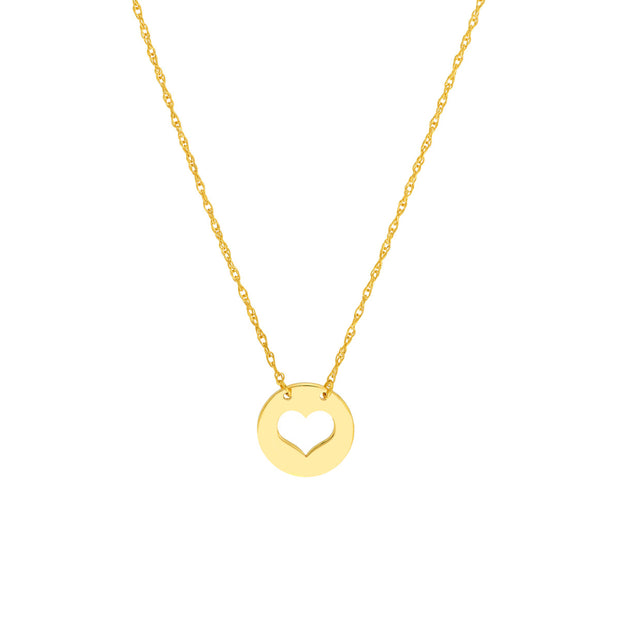 14kt Yellow Gold Cutout Heart Mini Disk With Adjustable Chain