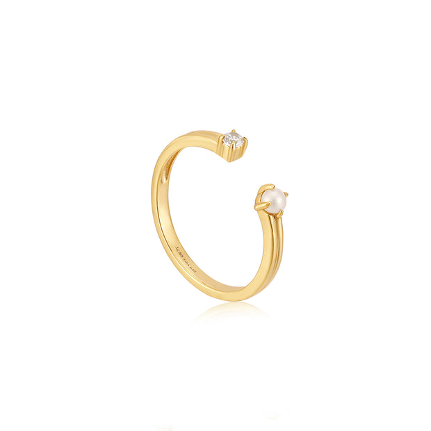 Sterling Silver Gold Plated Pearl Sparkle Adjustable Ring