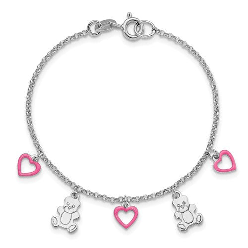 Sterling Silver Rhodium Plated Pink Enamel HeartsBears Children's 6in Bracelet