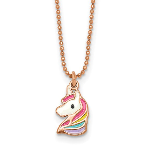 Sterling Silver Rose Gold Tone White And Rainbow Enameled Unicorn Chil