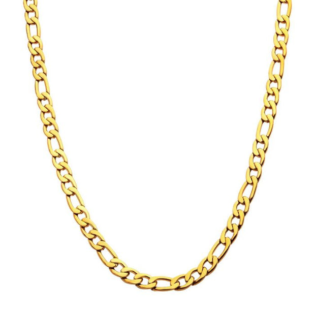 Men's Stainless Steel 8mm 18K Gold Plated Figaro Chain Necklace. Available sizes: 20, 22, 24 and 26 inch long
