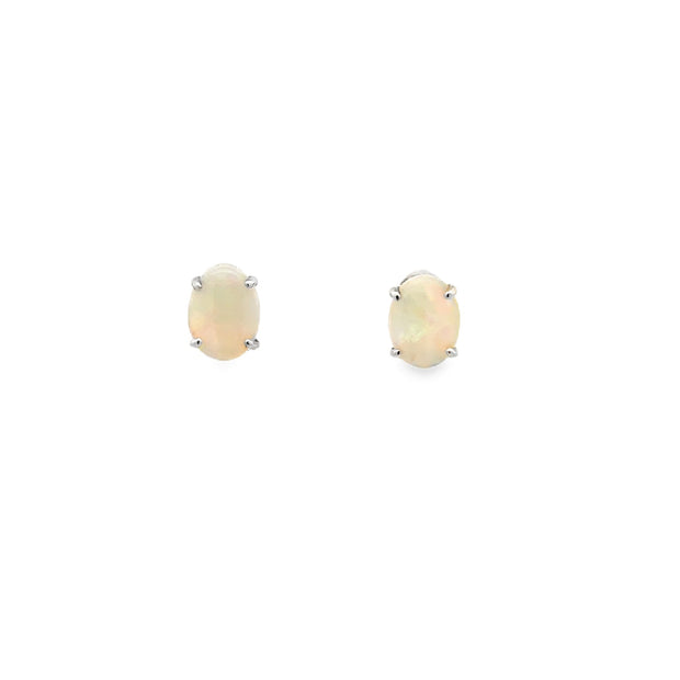 14 Karat White Gold Earrings Prong Set With Two 8X6mm Oval Opals Weigh