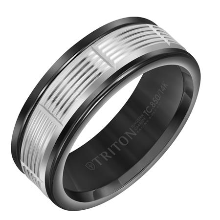 Gents 8mm Black Tungsten Carbide Wedding Band With Serrated Cut 14Kt White Gold Insert, Size 10