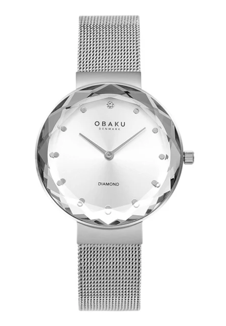 Stainless Steel  Watch With Silver Dial, Faceted Glass Crystal, And Sl