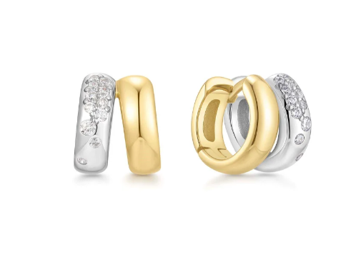 Sterling Silver Two-Tone Sparkling Duet Mixed CZ Huggie Hoop Earrings
