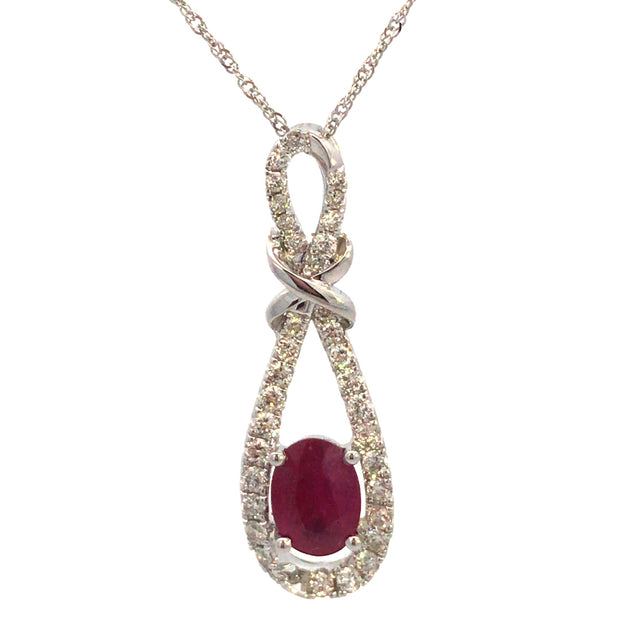14Kt White Gold Pendant With 1.07Ct Genuine Oval Ruby And 35 Round Dia