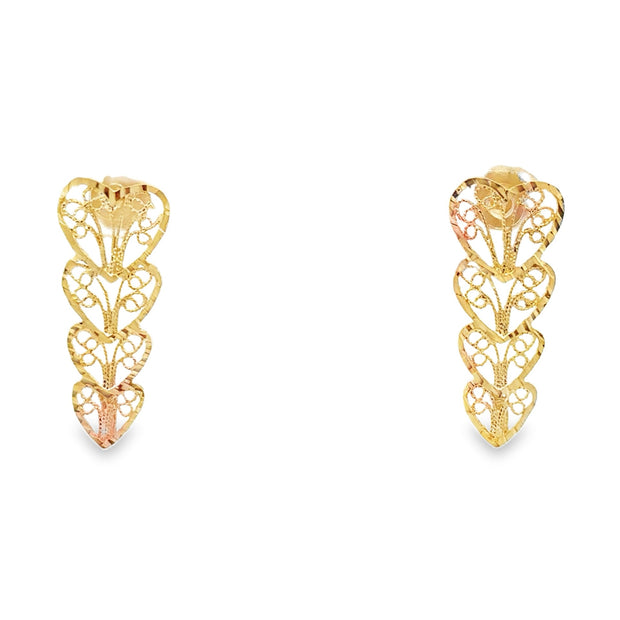 Vintage 14Kt Yellow Gold Diamond Cut Quad Heart Earrings. Weighs 2.3 G