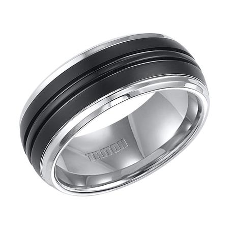White Tungsten Carbide Ring With Black Tungsten Carbide Ring With Grooves