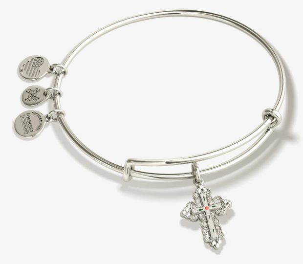 Floral Cross Charm Bangle Bracelet