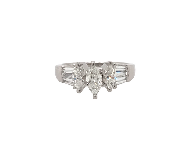 Platinum Diamond RIng With 3 Marquise Cut  6 Tapered Baguette Cut Diamonds = Approx 1.64ct tdw, I1 HRetail 5799  Estate 3499