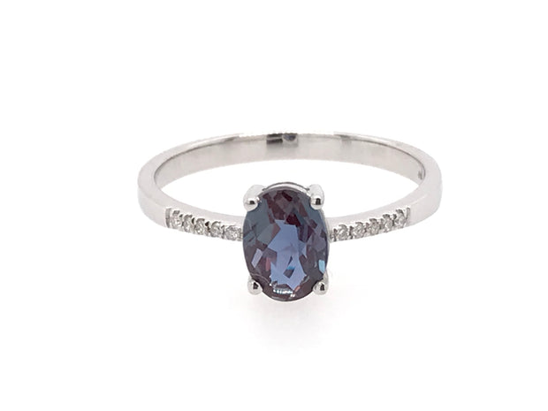 14kt White Gold Ring With 1 5X7 Lab Created Alexandrite .91tw and 10 Round Diamonds .04tdw GH SI2