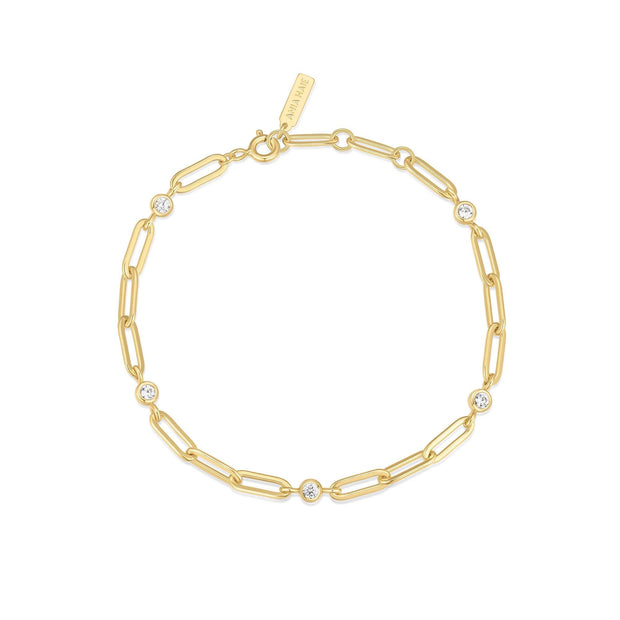 Sterling Silver Yellow Gold Plated  CZ Bezel Station Paper Clip Chain