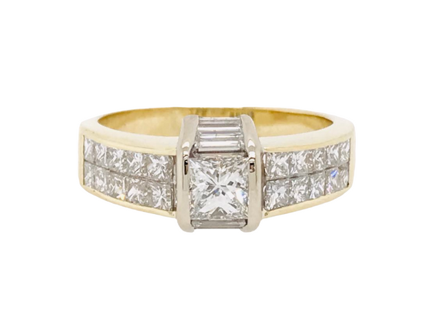 18kt Yellow Gold RIng With 21 Princess  6 Baguette Cut Diamonds = Approx 2.00ct tdw, SI1 in clarity with H colorRetail 5399  Estate 3399