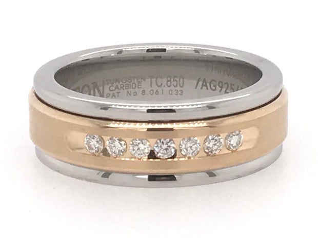 8mm White and Yellow Tungsten Ring With 7 Round Diamonds .24tdw IJ I2