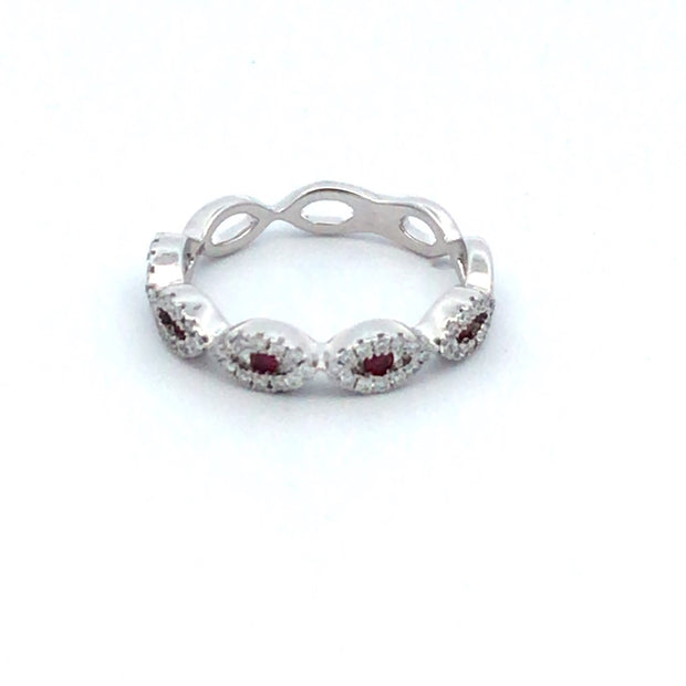 14Kt White Gold Fashion Twist Ring With 60 Diamonds And 5 Rubies .33tcw In Finger Size 6.5