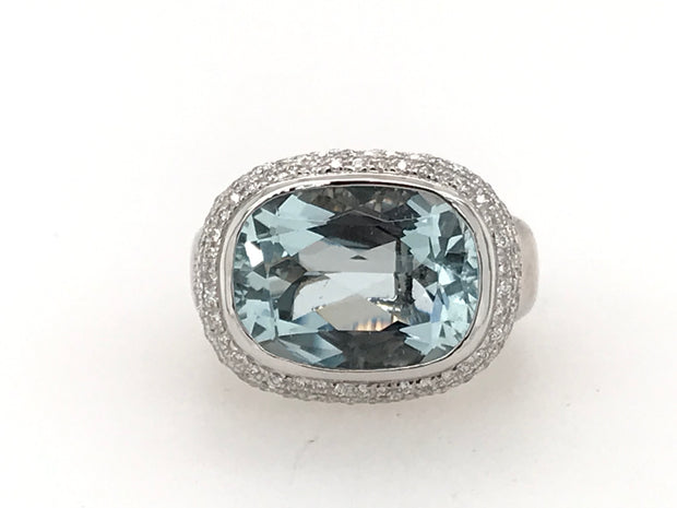 18kt White Gold Ring With 1 - 16 x 12 Cushion Cut Genuine Aquamarine slight abrasions = Approx 7cts, 117 Single Cut Diamonds = Arox .50-.60cts tdw, SI12 IRetail 5499  Estate 2749