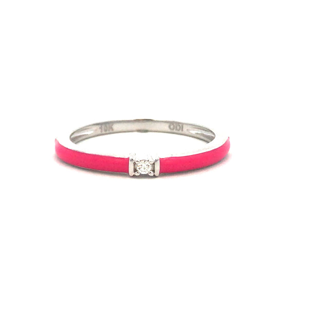 10Kt White Gold Fashion Ring With 1 Round Diamond .02Ct And Pink Ename