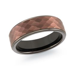 Black Tungsten Band 7mm With Copper Color Hammered Finish Center Size