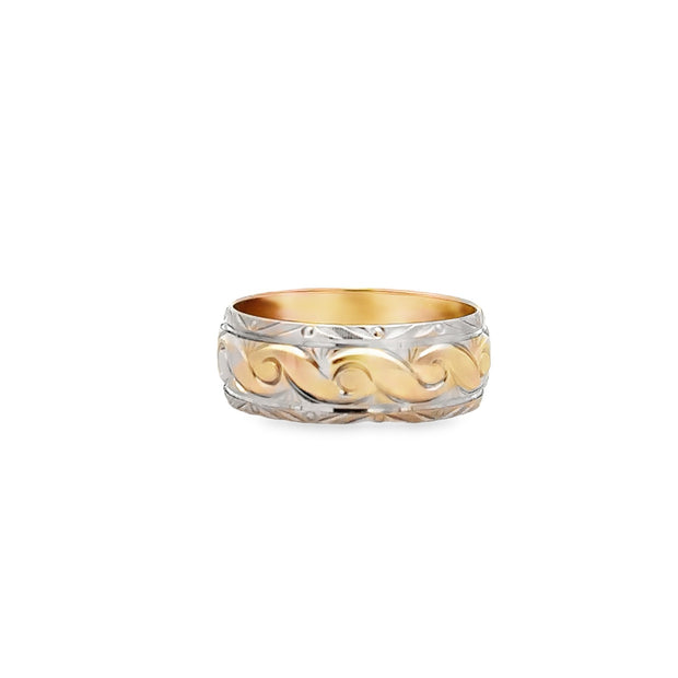 Vintage 14Kt Yellow Gold Engraved Wedding Band 8Mm Wide Finger Size 9.