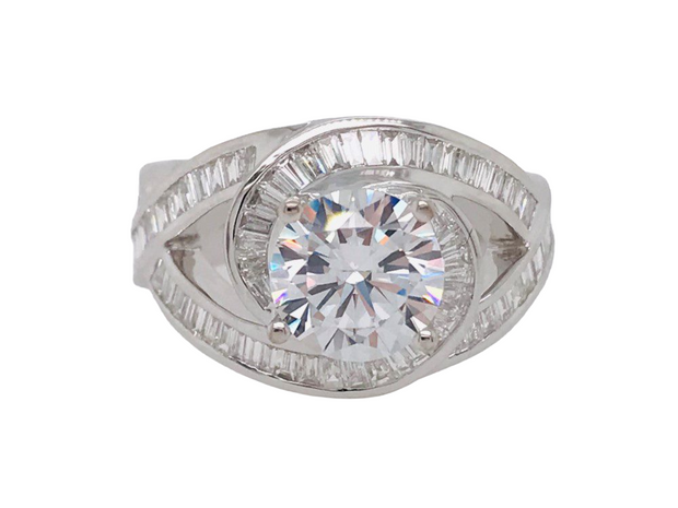 18Kt White Gold Diamond Semi Mount Ring Set with CZ Center and 76 Baguettes .92ct TDW SI1 GH