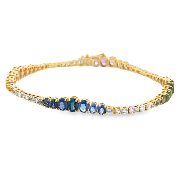 14Kt Yellow Gold Rainbow Sapphire Bracelet With 52 Round And Oval Grad