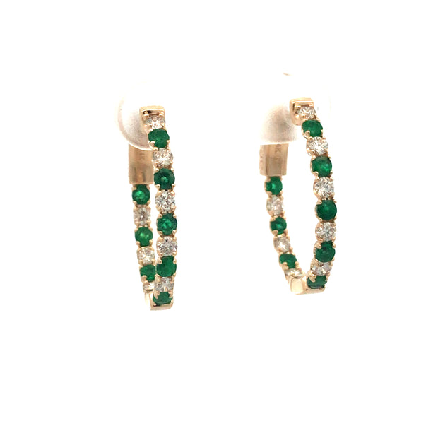 14Kt Yellow Gold In  Out Hoop Earrings With 16=0.77Tw Round Emeralds And 16=0.66Tw Round Diamonds