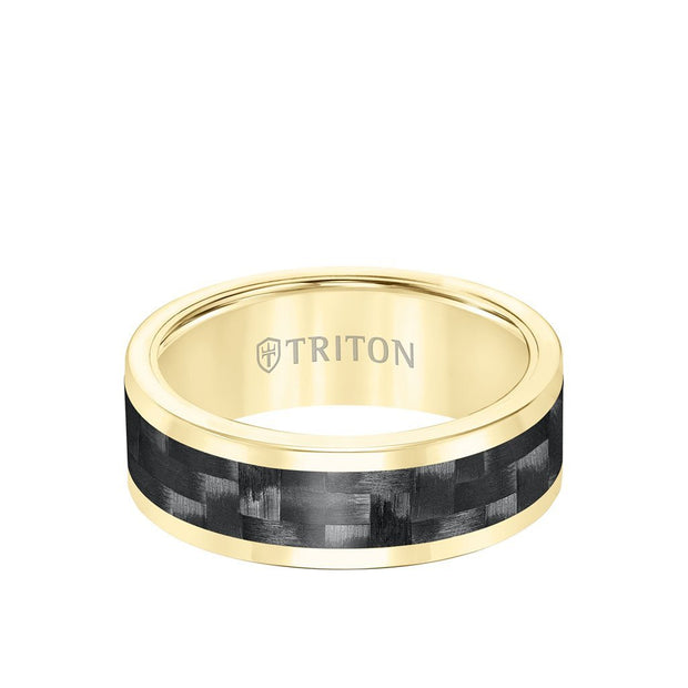 8mm Comfort Fit Yellow Tungsten Ring With Black 3K Carbon Fiber Inset Center And Bright Rims Size 10