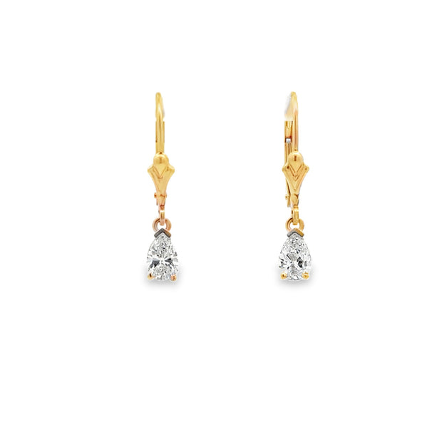 Vintage 14Kt Yellow Gold Leverback Earrings Set With Two Pear Shaped D