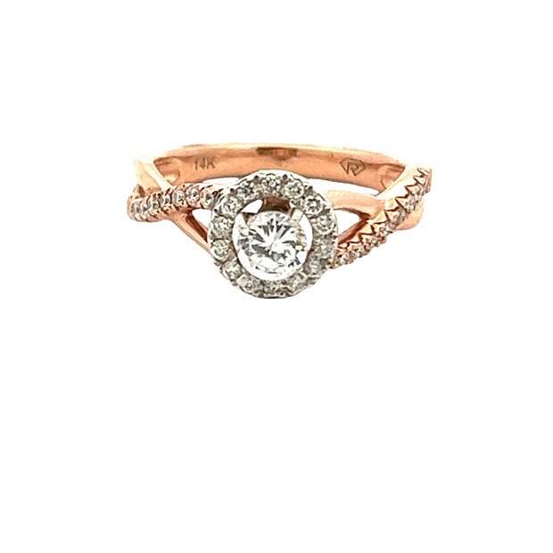 14K Rose Gold And White Gold Engagement Ring With 16 Round Diamonds On The Band And 15 Round Diamonds On The Halo .33Ct Tdw I1 HI, Size 7, CZ Center Goes With Band 110-1179
