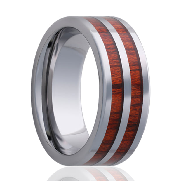8mm Tungston Carbide Pipe Cut Ring with Blood Wood Inlay Size 10