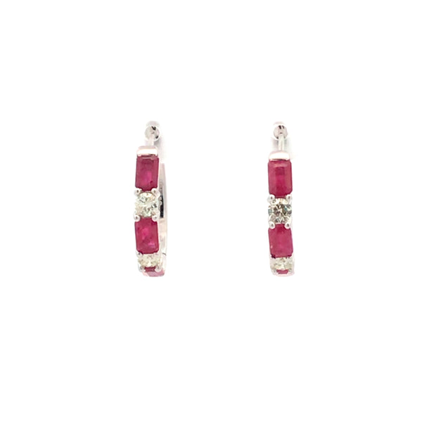 14kt White Gold Hoop Earrings With 6 Emerald Cut Rubies 1.07ct and 4 Round Diamonds .41tdw I SI1