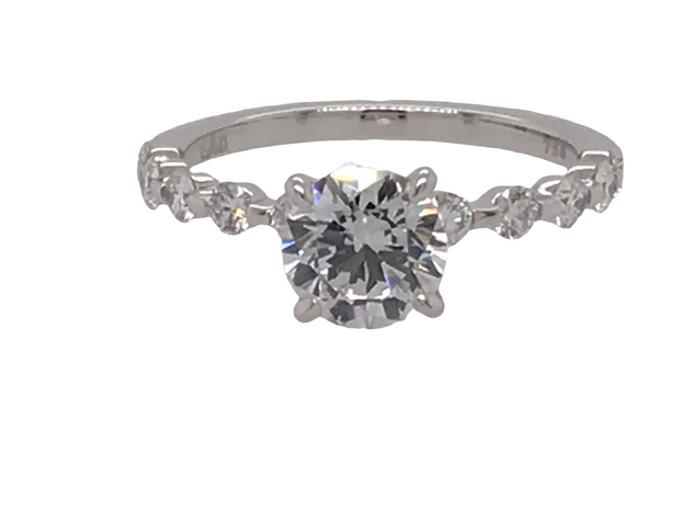 18kt White Gold Ring With 1.00 CZ Center and 10 Round Channel Diamonds .42tdw