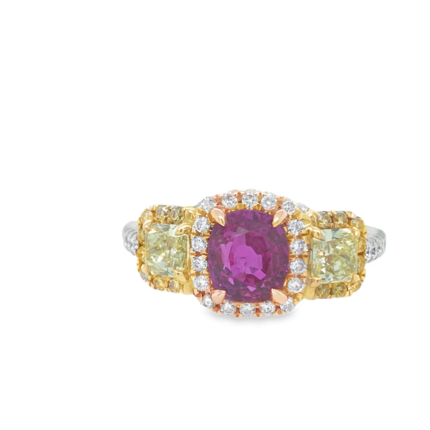 18Kt White/Rose/Yellow Gold Ring With 1.61ct Cushion Cut Brumese Ruby