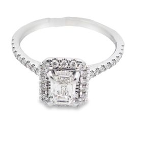 14kt White Gold Ring With Emerald Cut Center and 36 Round Diamonds 1.1