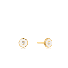 Sterling Silver 14Kt Gold Plated  Optic White Enamel Disc Gold Stud Earrings