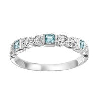 10Kt White Gold Stackable Band, Set With 3-Square Blue Topaz .14Ct Tot