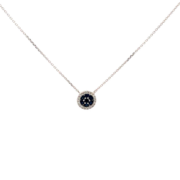 14 Karat White Gold 16" Necklace Prong Set With Seven Round Blue Sapphires And Prong Set With 20 Br@.07Ctw Si2 I